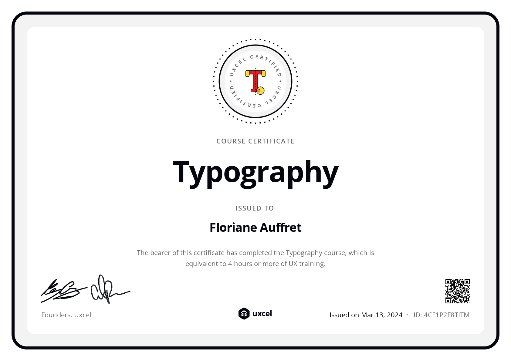 Floriane Auffret's certificate